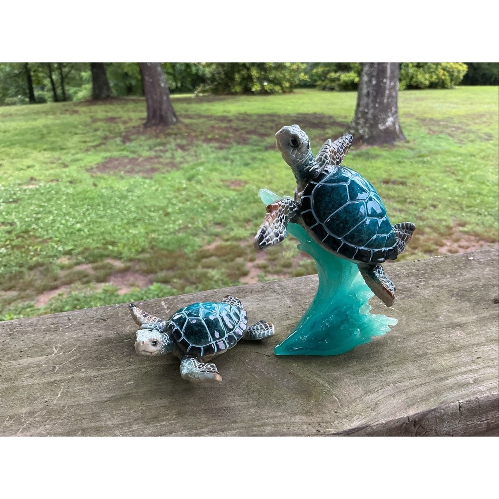 Sea Turtle Figurine Set Teal Turquoise Resin Ocean Wave Decor 2 Piece Coastal - Picture 10 of 10
